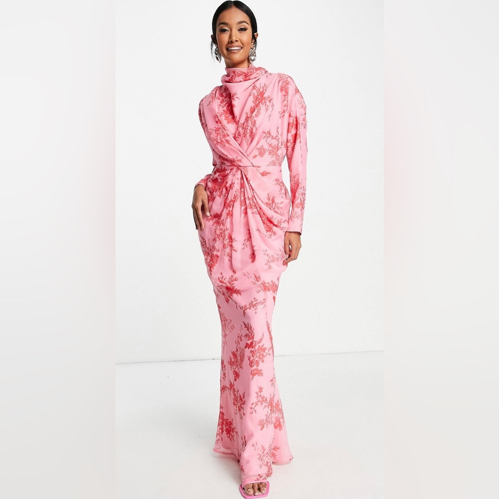ASOS Design drape neck maxi dress in red floral print
